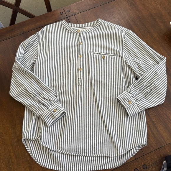 Madda Fella Castaway Striped Band Collar Shirt Mens L 100% Cotton Blue White - Picture 1 of 10